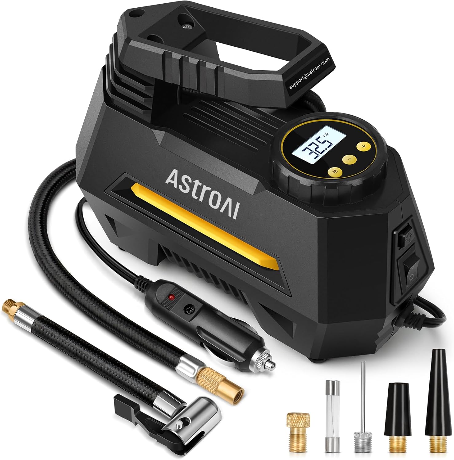 It plugs into a standard 12V car socket, and the programmable features make inflating tires straightforward.